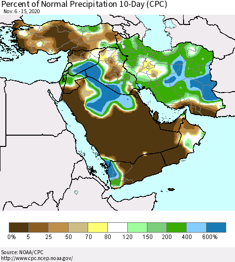 Middle East and Turkey Percent of Normal Precipitation 10-Day (CPC) Thematic Map For 11/6/2020 - 11/15/2020