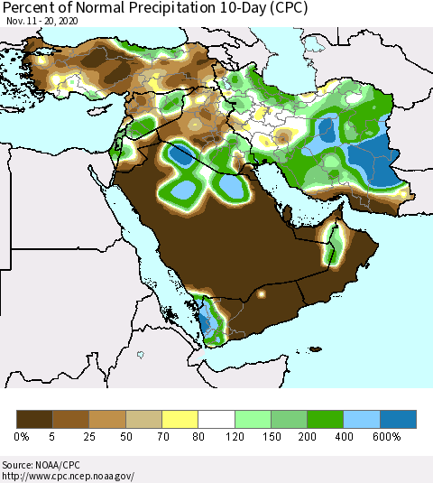 Middle East and Turkey Percent of Normal Precipitation 10-Day (CPC) Thematic Map For 11/11/2020 - 11/20/2020