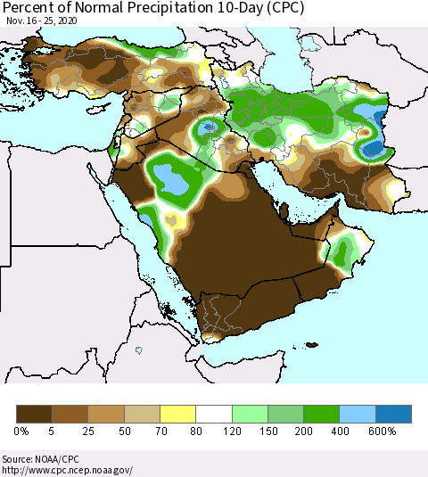 Middle East and Turkey Percent of Normal Precipitation 10-Day (CPC) Thematic Map For 11/16/2020 - 11/25/2020