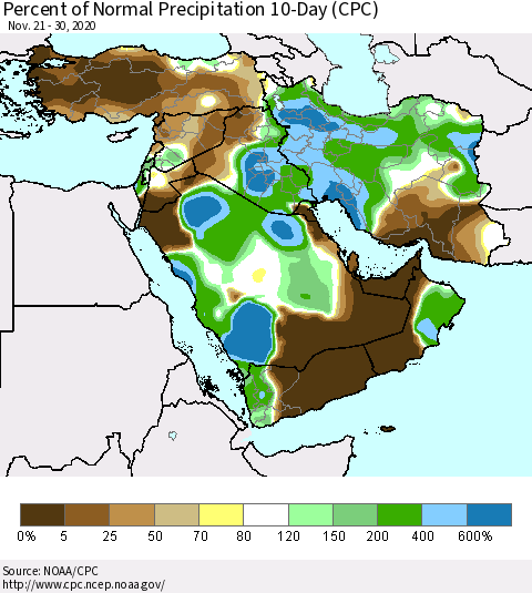 Middle East and Turkey Percent of Normal Precipitation 10-Day (CPC) Thematic Map For 11/21/2020 - 11/30/2020