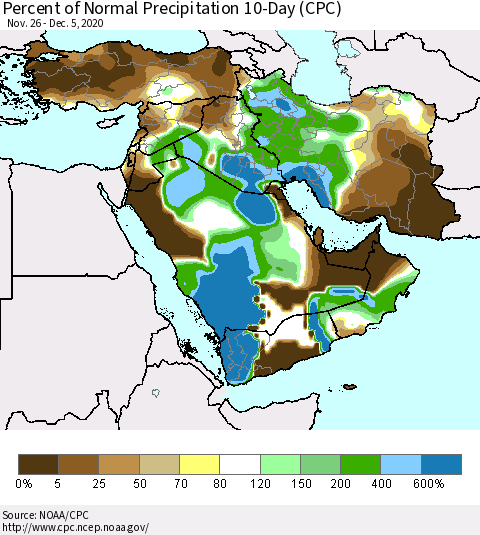 Middle East and Turkey Percent of Normal Precipitation 10-Day (CPC) Thematic Map For 11/26/2020 - 12/5/2020