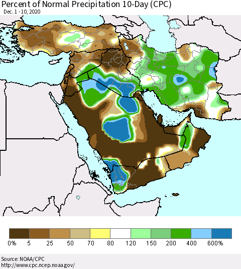 Middle East and Turkey Percent of Normal Precipitation 10-Day (CPC) Thematic Map For 12/1/2020 - 12/10/2020