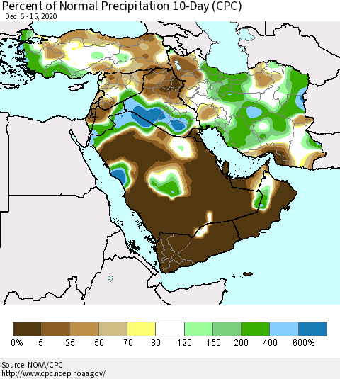 Middle East and Turkey Percent of Normal Precipitation 10-Day (CPC) Thematic Map For 12/6/2020 - 12/15/2020