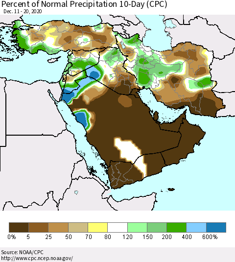 Middle East and Turkey Percent of Normal Precipitation 10-Day (CPC) Thematic Map For 12/11/2020 - 12/20/2020