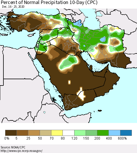 Middle East and Turkey Percent of Normal Precipitation 10-Day (CPC) Thematic Map For 12/16/2020 - 12/25/2020