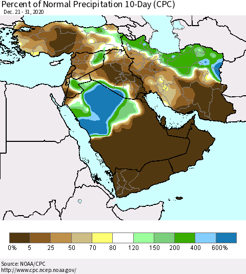Middle East and Turkey Percent of Normal Precipitation 10-Day (CPC) Thematic Map For 12/21/2020 - 12/31/2020