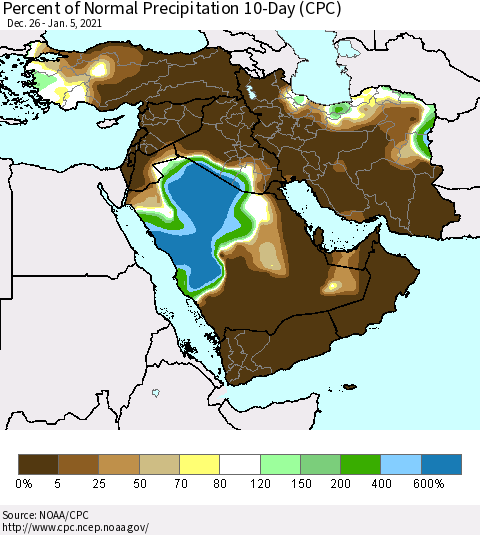 Middle East and Turkey Percent of Normal Precipitation 10-Day (CPC) Thematic Map For 12/26/2020 - 1/5/2021