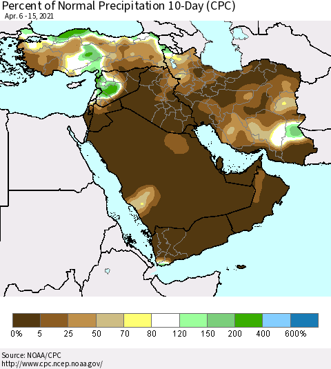 Middle East and Turkey Percent of Normal Precipitation 10-Day (CPC) Thematic Map For 4/6/2021 - 4/15/2021