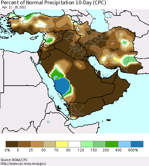Middle East and Turkey Percent of Normal Precipitation 10-Day (CPC) Thematic Map For 4/11/2021 - 4/20/2021