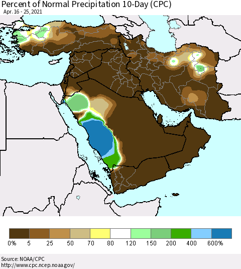 Middle East and Turkey Percent of Normal Precipitation 10-Day (CPC) Thematic Map For 4/16/2021 - 4/25/2021