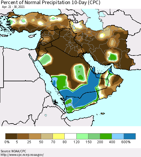 Middle East and Turkey Percent of Normal Precipitation 10-Day (CPC) Thematic Map For 4/21/2021 - 4/30/2021