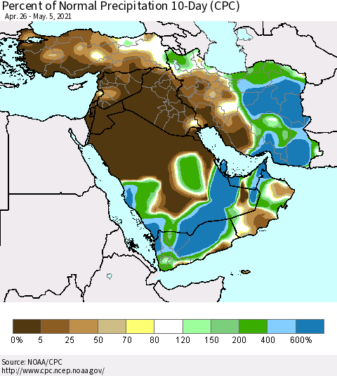 Middle East and Turkey Percent of Normal Precipitation 10-Day (CPC) Thematic Map For 4/26/2021 - 5/5/2021
