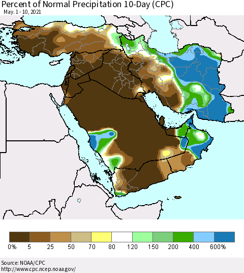 Middle East and Turkey Percent of Normal Precipitation 10-Day (CPC) Thematic Map For 5/1/2021 - 5/10/2021