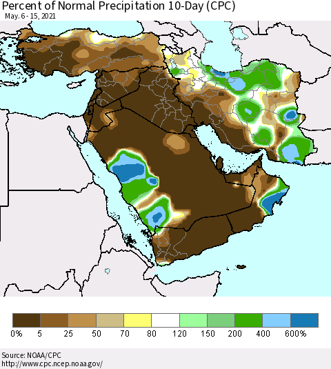 Middle East and Turkey Percent of Normal Precipitation 10-Day (CPC) Thematic Map For 5/6/2021 - 5/15/2021