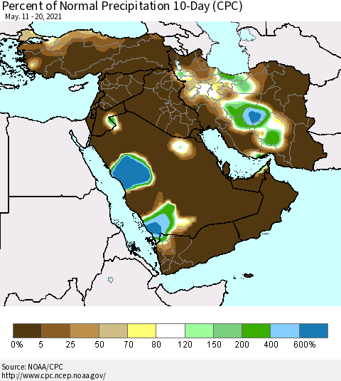 Middle East and Turkey Percent of Normal Precipitation 10-Day (CPC) Thematic Map For 5/11/2021 - 5/20/2021
