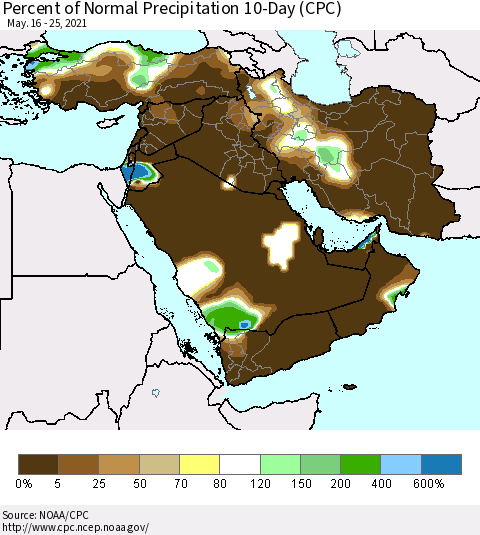 Middle East and Turkey Percent of Normal Precipitation 10-Day (CPC) Thematic Map For 5/16/2021 - 5/25/2021