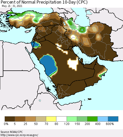 Middle East and Turkey Percent of Normal Precipitation 10-Day (CPC) Thematic Map For 5/21/2021 - 5/31/2021