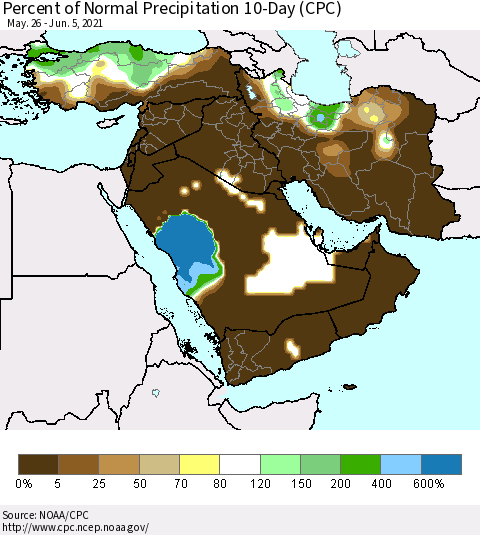 Middle East and Turkey Percent of Normal Precipitation 10-Day (CPC) Thematic Map For 5/26/2021 - 6/5/2021