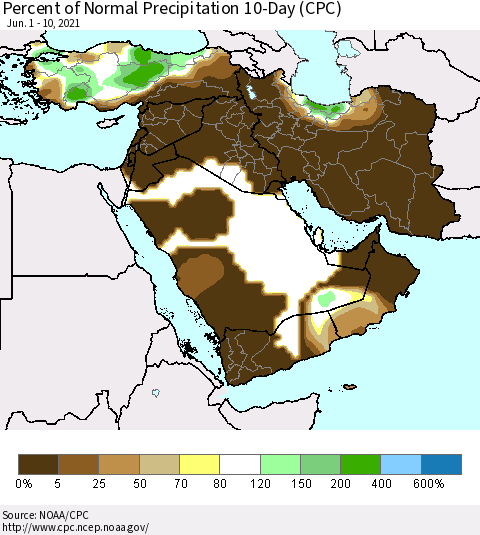 Middle East and Turkey Percent of Normal Precipitation 10-Day (CPC) Thematic Map For 6/1/2021 - 6/10/2021
