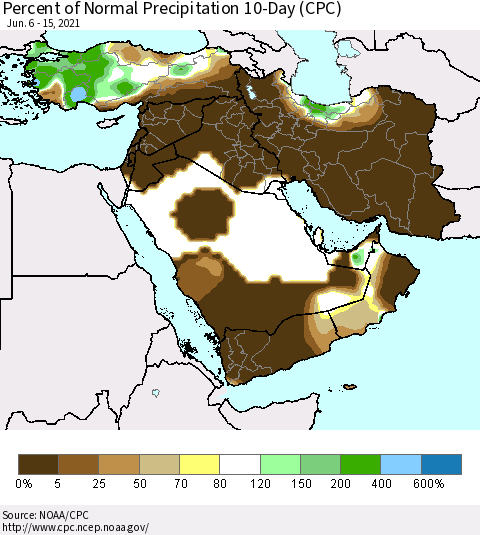 Middle East and Turkey Percent of Normal Precipitation 10-Day (CPC) Thematic Map For 6/6/2021 - 6/15/2021