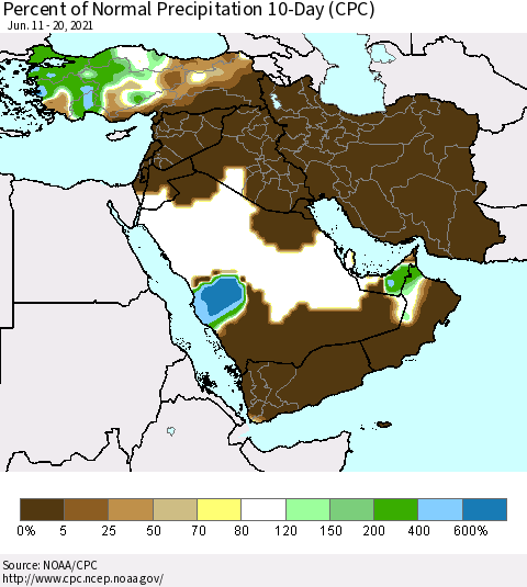 Middle East and Turkey Percent of Normal Precipitation 10-Day (CPC) Thematic Map For 6/11/2021 - 6/20/2021
