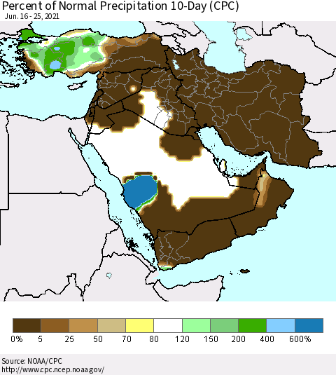 Middle East and Turkey Percent of Normal Precipitation 10-Day (CPC) Thematic Map For 6/16/2021 - 6/25/2021