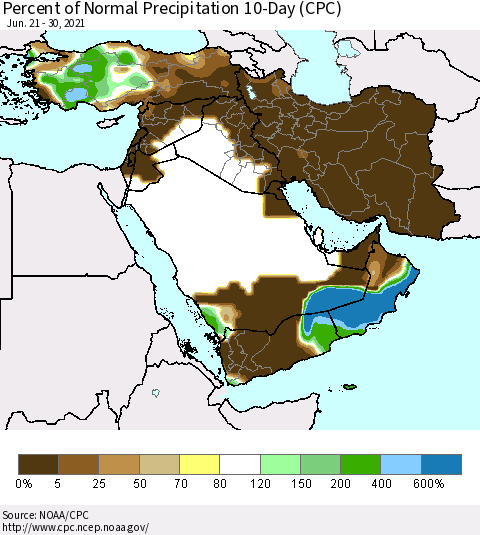 Middle East and Turkey Percent of Normal Precipitation 10-Day (CPC) Thematic Map For 6/21/2021 - 6/30/2021