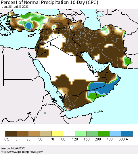 Middle East and Turkey Percent of Normal Precipitation 10-Day (CPC) Thematic Map For 6/26/2021 - 7/5/2021