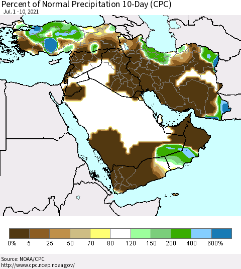 Middle East and Turkey Percent of Normal Precipitation 10-Day (CPC) Thematic Map For 7/1/2021 - 7/10/2021