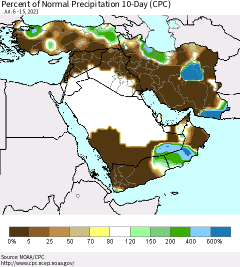 Middle East and Turkey Percent of Normal Precipitation 10-Day (CPC) Thematic Map For 7/6/2021 - 7/15/2021