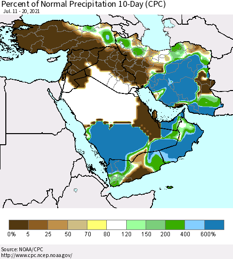Middle East and Turkey Percent of Normal Precipitation 10-Day (CPC) Thematic Map For 7/11/2021 - 7/20/2021