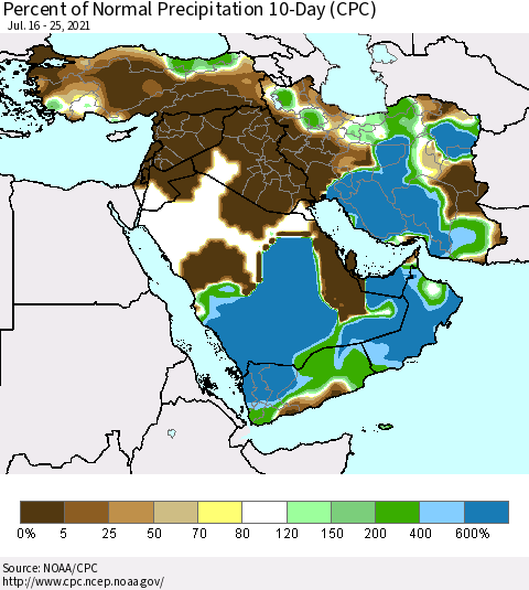 Middle East and Turkey Percent of Normal Precipitation 10-Day (CPC) Thematic Map For 7/16/2021 - 7/25/2021