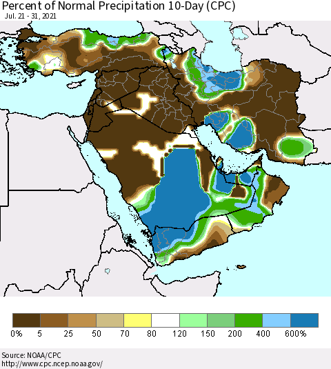 Middle East and Turkey Percent of Normal Precipitation 10-Day (CPC) Thematic Map For 7/21/2021 - 7/31/2021