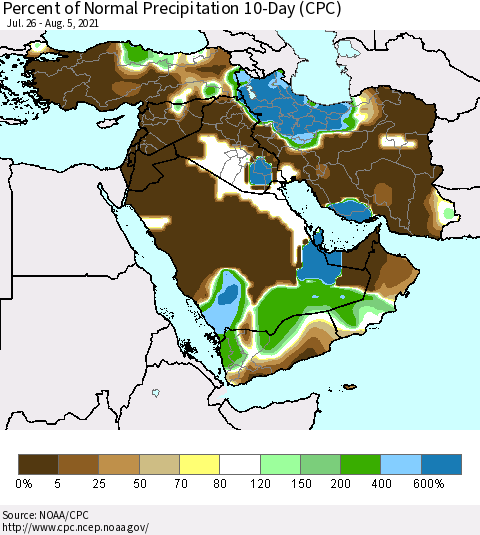 Middle East and Turkey Percent of Normal Precipitation 10-Day (CPC) Thematic Map For 7/26/2021 - 8/5/2021