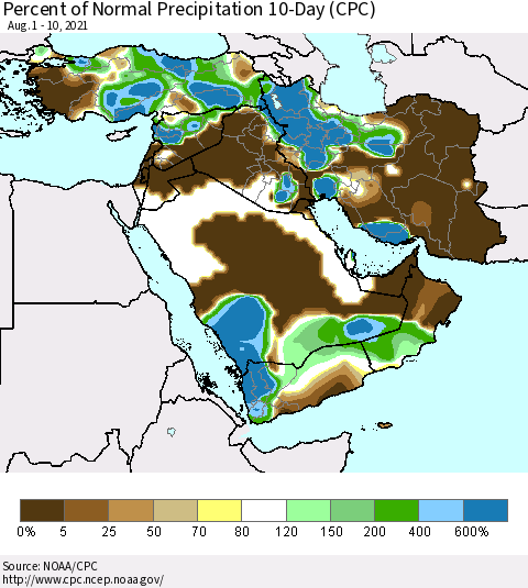 Middle East and Turkey Percent of Normal Precipitation 10-Day (CPC) Thematic Map For 8/1/2021 - 8/10/2021