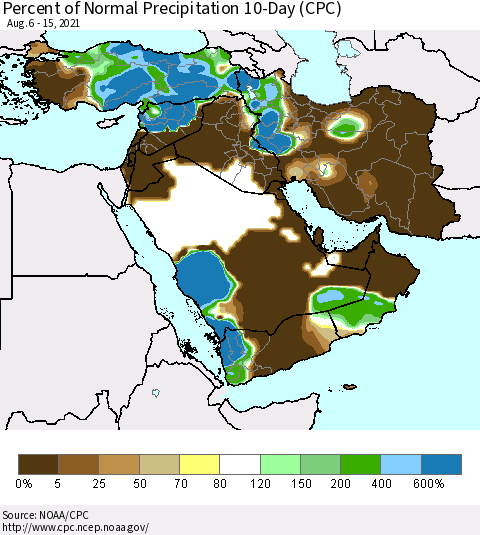 Middle East and Turkey Percent of Normal Precipitation 10-Day (CPC) Thematic Map For 8/6/2021 - 8/15/2021