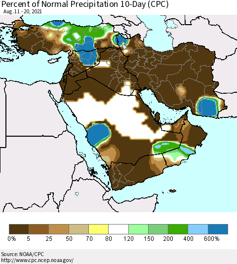Middle East and Turkey Percent of Normal Precipitation 10-Day (CPC) Thematic Map For 8/11/2021 - 8/20/2021
