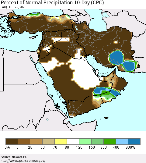 Middle East and Turkey Percent of Normal Precipitation 10-Day (CPC) Thematic Map For 8/16/2021 - 8/25/2021