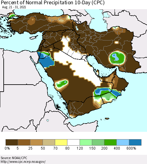 Middle East and Turkey Percent of Normal Precipitation 10-Day (CPC) Thematic Map For 8/21/2021 - 8/31/2021