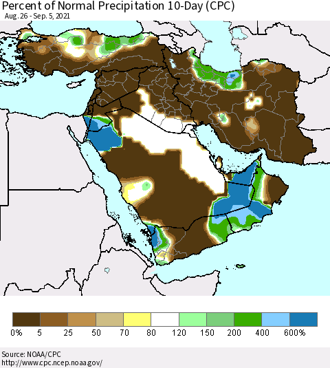 Middle East and Turkey Percent of Normal Precipitation 10-Day (CPC) Thematic Map For 8/26/2021 - 9/5/2021