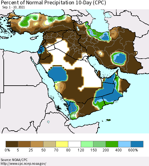 Middle East and Turkey Percent of Normal Precipitation 10-Day (CPC) Thematic Map For 9/1/2021 - 9/10/2021