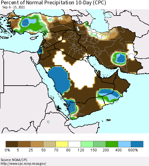 Middle East and Turkey Percent of Normal Precipitation 10-Day (CPC) Thematic Map For 9/6/2021 - 9/15/2021