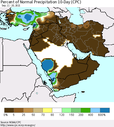 Middle East and Turkey Percent of Normal Precipitation 10-Day (CPC) Thematic Map For 9/11/2021 - 9/20/2021