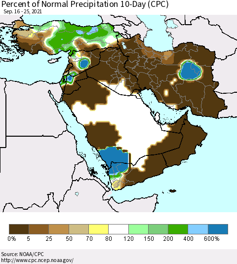 Middle East and Turkey Percent of Normal Precipitation 10-Day (CPC) Thematic Map For 9/16/2021 - 9/25/2021