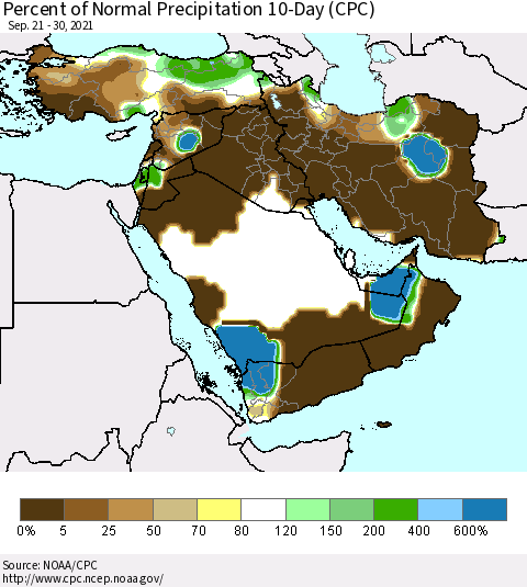Middle East and Turkey Percent of Normal Precipitation 10-Day (CPC) Thematic Map For 9/21/2021 - 9/30/2021