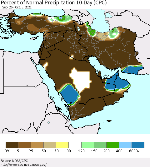 Middle East and Turkey Percent of Normal Precipitation 10-Day (CPC) Thematic Map For 9/26/2021 - 10/5/2021