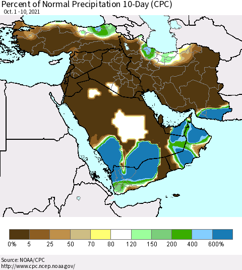 Middle East and Turkey Percent of Normal Precipitation 10-Day (CPC) Thematic Map For 10/1/2021 - 10/10/2021