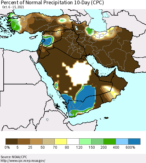 Middle East and Turkey Percent of Normal Precipitation 10-Day (CPC) Thematic Map For 10/6/2021 - 10/15/2021