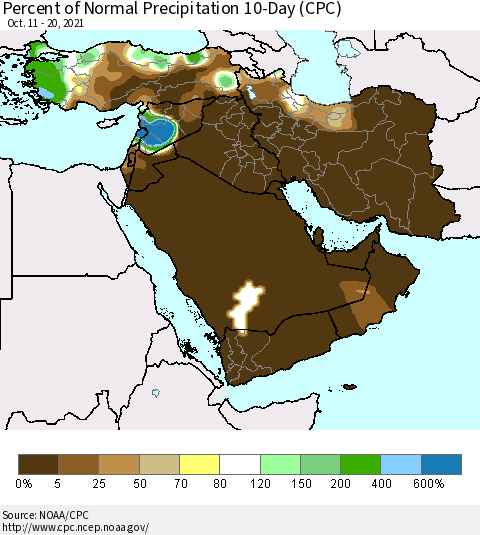 Middle East and Turkey Percent of Normal Precipitation 10-Day (CPC) Thematic Map For 10/11/2021 - 10/20/2021