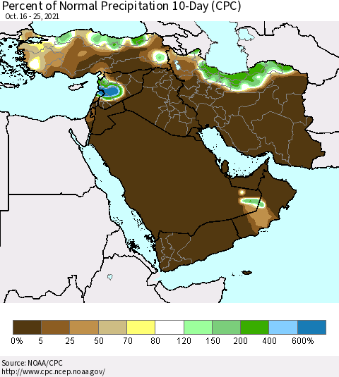 Middle East and Turkey Percent of Normal Precipitation 10-Day (CPC) Thematic Map For 10/16/2021 - 10/25/2021